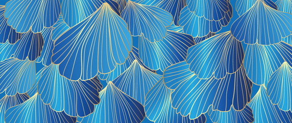 Ginkgo leaves  line art vector background. Luxury gold wallpaper of blue tropical leaves, flower petal in hand drawn pattern. Elegant gradient summer jungle for banner, prints, fabric.