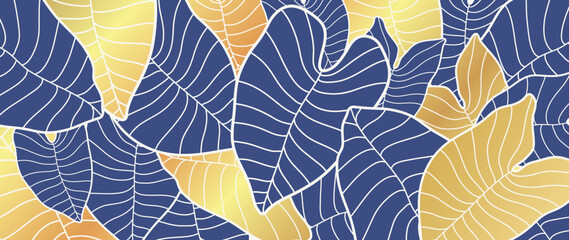 Abstract foliage line art vector background. Luxury gold wallpaper of blue tropical leaves and tree in hand drawn pattern. Elegant line art of summer jungle for banner, prints, decoration, fabric.