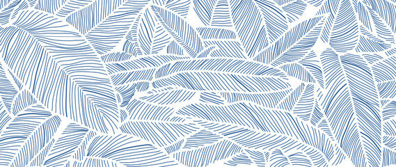 Abstract foliage line art vector background. Leaf wallpaper of blue tropical leaves, leaf branch, plants in hand drawn pattern. Blue botanical jungle for banner, prints, decoration, fabric.