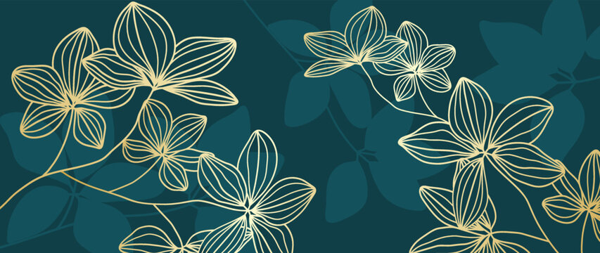 Abstract floral line art vector background. Luxury gold wallpaper of blue tropical leaves, flowers, leaf branch in hand drawn pattern. Elegant botanical jungle for banner, prints, decoration, fabric.