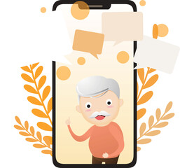 Elderly character with smart phone.