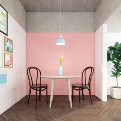 Minimalist dining room with pink pastel wall and wood floor.3d rendering