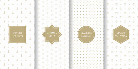 Set of minimalist seamless patterns for winter holidays. White and gold subtle texture for Christmas with trees, sparkles, stars, and present boxes.