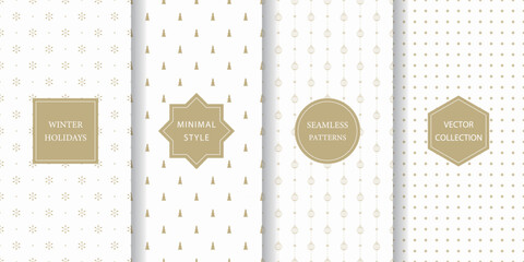 Set of minimalist seamless patterns for winter holidays. White and gold subtle texture for Christmas with trees, snowflakes, ornaments, and stars.