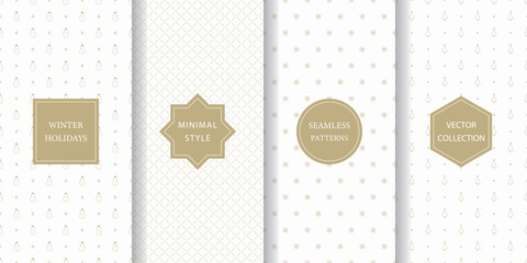 Set of minimalistic seamless patterns for winter holidays. White and gold subtle texture for Christmas with snowman, tree, lattice pattern, and snow.