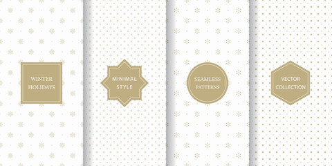 Set of minimalistic seamless patterns for winter holidays. White and gold subtle texture for Christmas with ornamental snow, star, light, diamond.