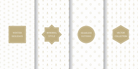 Set of minimalistic seamless patterns for winter holidays. White and gold subtle texture for Christmas with geometric tree, ornament, sparkle, and star.