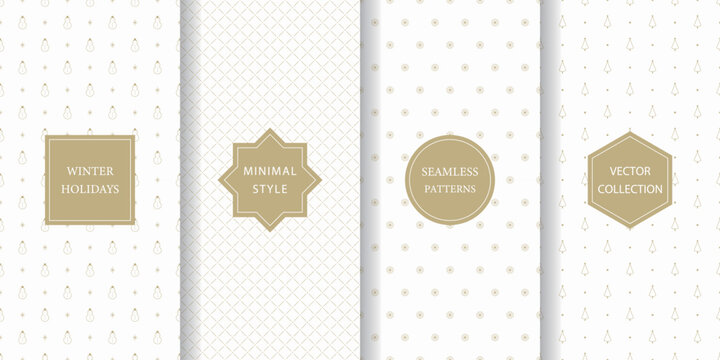 Set of minimalistic seamless patterns for winter holidays. White and gold subtle texture for Christmas with snowman, tree, lattice pattern, and snow.