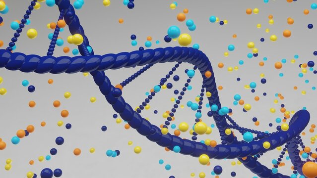 Genetic Letters 3d render of a blue dna helix with colorful balls emitting from it