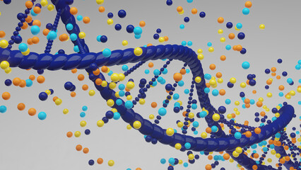 Genetic letter - 3d render of a dna helix with colorful balls emitting from it
