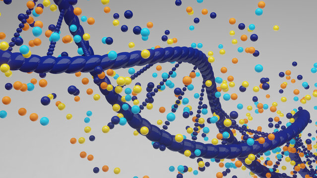 Genetic letter - 3d render of a dna helix with colorful balls emitting from it
