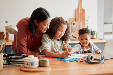Homeschool, education and distance learning for children while mother, parent and woman helps son...