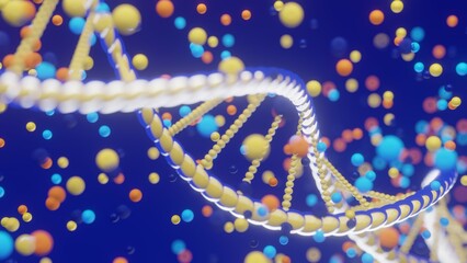 3d illustration of a reflective dna helix against a blue background with colorful elements and movement - celebratory image