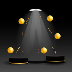 Black and gold podium white spotlight and golden ball, golden ribbon. Product podium mock 