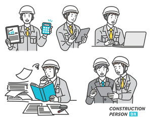 DX化で業務の効率化が進んだ作業員のベクターイラスト素材／建築／IT／物流／DX／コンサルティング／セット
