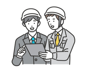 タブレットで説明をする作業員のベクターイラスト素材／建築／IT／物流／DX