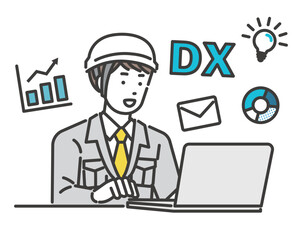 DX化で業務の効率化が進んだ作業員のベクターイラスト素材／建築／IT／物流／DX／コンサルティング