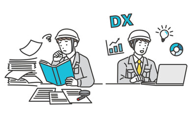 DX化で業務の効率化が進んだ作業員のベクターイラスト素材／建築／IT／物流／DX／コンサルティング／セット