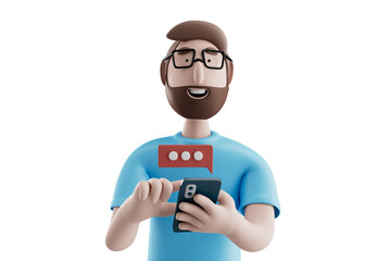 3d illustration..Happy cartoon character man use smartphone with red text bubble over white background. Social network messenger concept.	