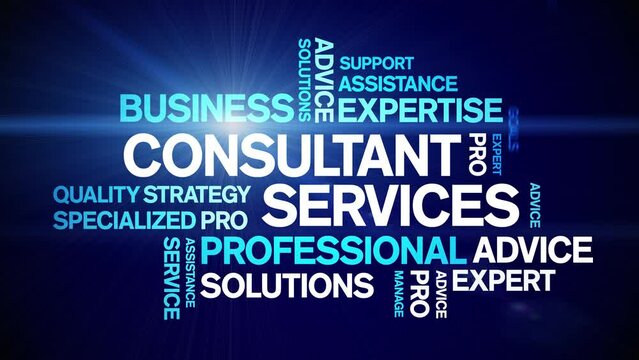 Consultant services animated tag word cloud;text design animation kinetic typography seamless loop.