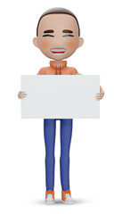 3d render , Skinhead Boy holding  board ,  cartoon character