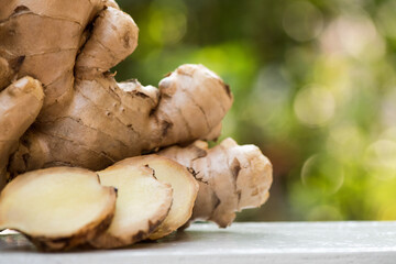 Ginger rhizome on nature background.