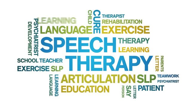 Speech Therapy animated tag word cloud;text design animation kinetic typography seamless loop.