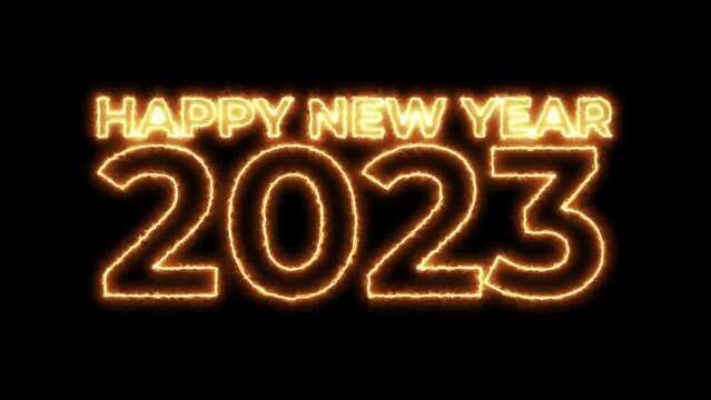 Animated text that says "Happy New Year 2023." Happy New Year 2023 in gold glittering text animation in 4K resolution Form Party Elegance and Wave Digits On Black Background 2023 New Year