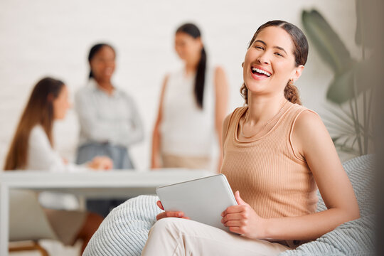 Businesswoman, Team Leader Or Manager On A Tablet Working At A Female Only Company Or Women Empowerment Workplace With Colleagues In Background. Corporate Professional With Business Success Portrait