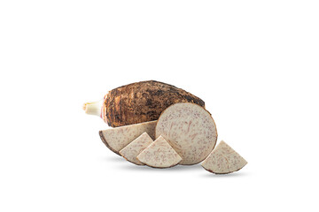 fresh taro root and slices on white background,isolated