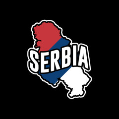 Serbia vector map silhouette illustration isolated on black background. Sticker, made in Serbia, map, silhouette, flag, emblem, identity, nation.