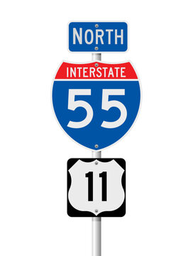 Vector illustration of the State Interstate 55 road sign on metallic post