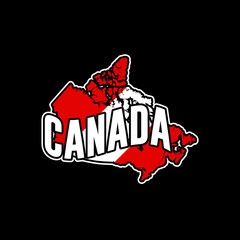 Canada vector map silhouette illustration isolated on black background. Sticker, made in Canada, map, silhouette, flag, emblem, identity, nation.
