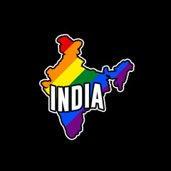 Sticker with LGBT flag map of India. Vector rainbow map of India in colors of LGBT (lesbian, gay, bisexual, and transgender) pride flag.