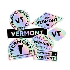 Sticker Pack. Collection of trendy pins. Set of cool patches vector design. Vermont state, USA retro badges.