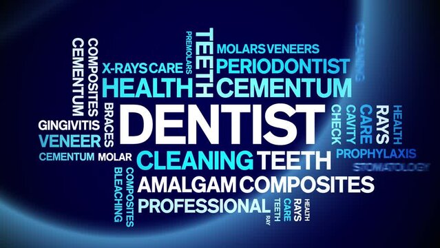 Dentist animated tag word cloud;text design animation kinetic typography seamless loop.