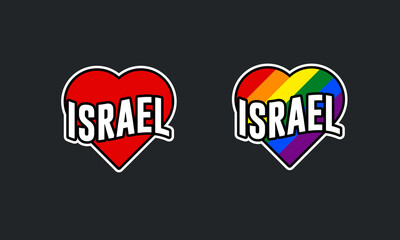 Pride day labels or sticker collection in flat design. Israel red and rainbow LGBT heart stickers. I love Israel. T-shirt design vector.