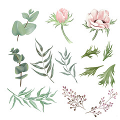  Flowers Set of watercolor leaves and branches lovely design elements.