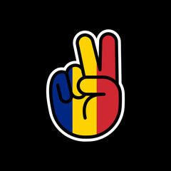 Hand gesture V sign of victory or peace line icon flag of Romania. Simple outline style for apps and websites.