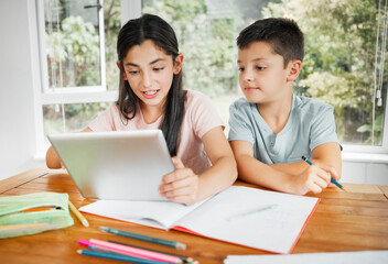 Kids studying education with digital tablet for online school work or homework together at home....