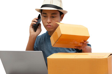 Asian man checking online purchase shopping order.