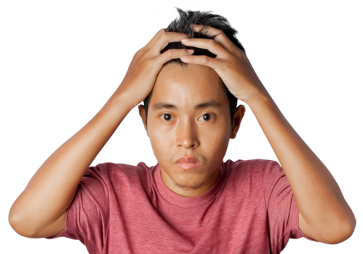 Young man hold hands on head.