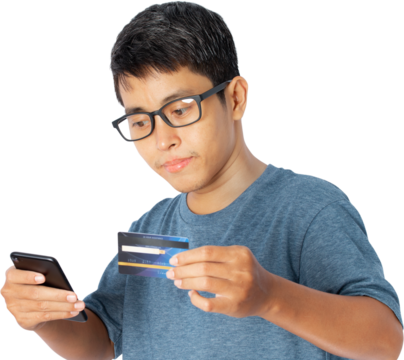 Young Asian man shopping online using a smartphone with a credit card.