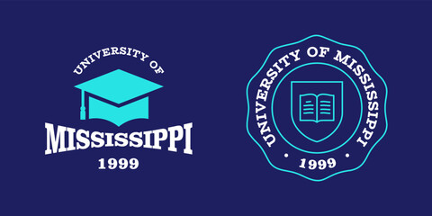 Mississippi slogan typography graphics for t-shirt. University print and logo for apparel. T-shirt design with shield and graduate hat. Vector illustration.