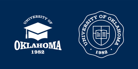 Oklahoma slogan typography graphics for t-shirt. University print and logo for apparel. T-shirt design with shield and graduate hat. Vector illustration.