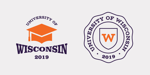 Wisconsin slogan typography graphics for t-shirt. University print and logo for apparel. T-shirt design with shield and graduate hat. Vector illustration.