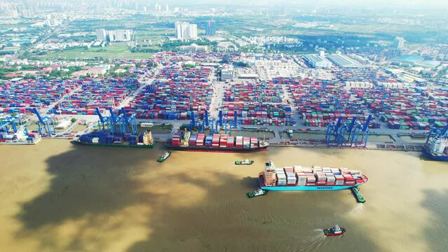 Aerial view of Cat Lai port with cargo ship and container Ho chi Minh city, Vietnam. The port is an important hub for import and export of important goods in Ho Chi Minh City