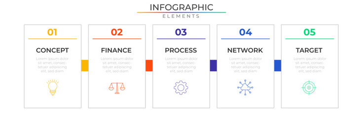 Five options rectangle infographic elements concept design vector with icons. Business workflow network project template for presentation and report.