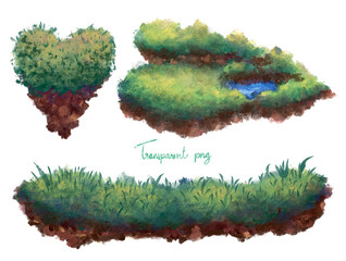 Green grass field on the rock base watercolor illustration isolated, transparent png surreal float grass island environment on land hand drawn, floating earth landscape with paradise concept.
