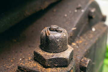 Old oil pressure sensor on a walk-behind tractor close-up on the engine. Dirty diesel engine body...